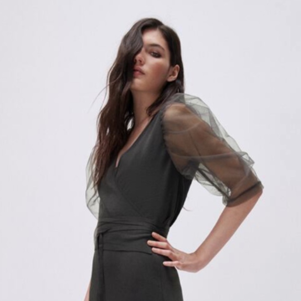 Tulle puff sleeve wrap shirt